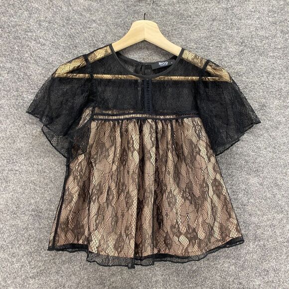 Mod Blouse Women S Small Black Lined Crochet Round Neck Short Sleeve Hook & Eye - Picture 1 of 9